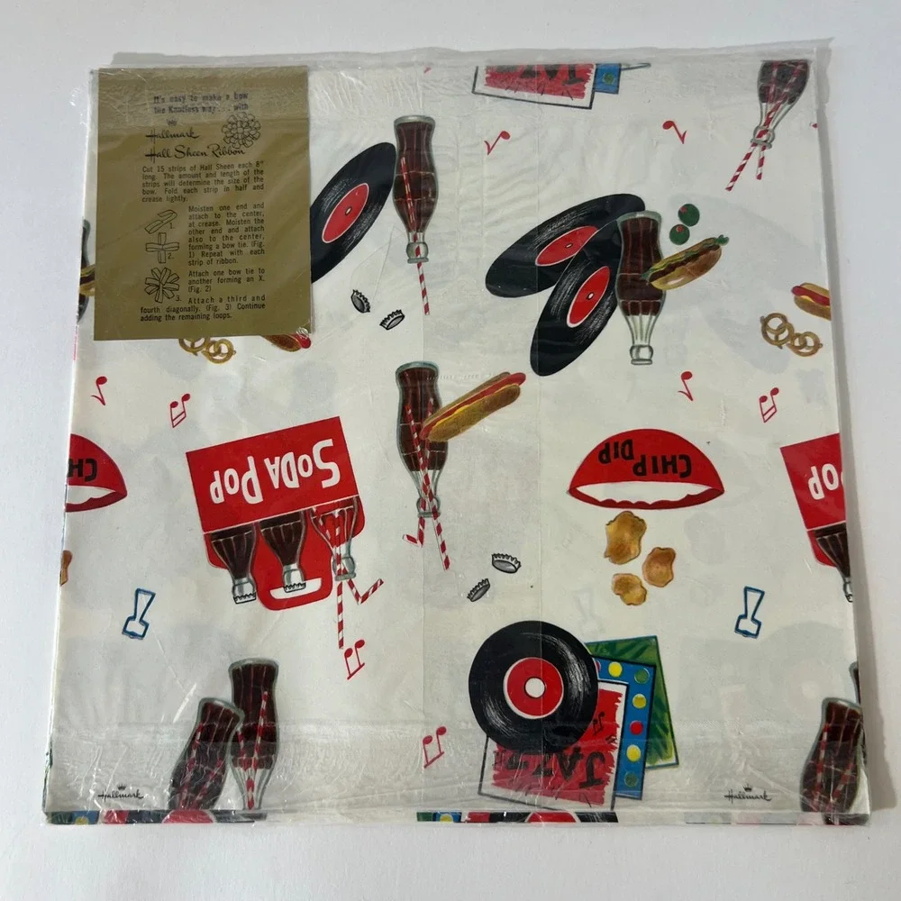 Vintage Hallmark Gift Wrap 2 Sheets Soda Shop Diner Records 50s Style 20x28 NEW